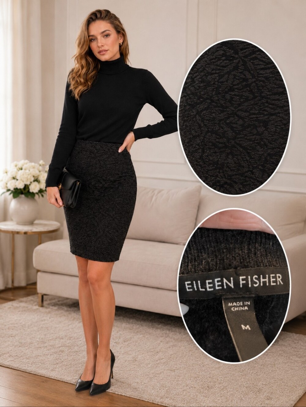 Eileen Fisher Wool Blend Pencil Pull On Printed Skirt Charcoal Grey Black Sz M